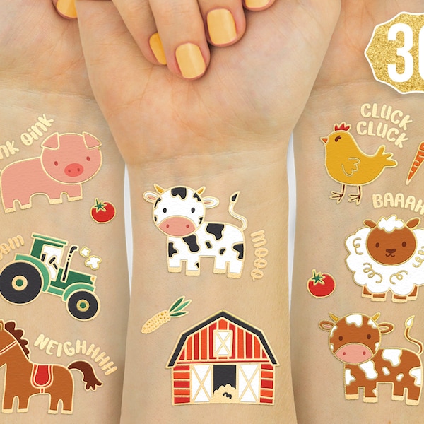 Farm Party Supplies Temporary Tattoos - 30 Glitter Styles | Barnyard Animals, Petting Zoo, Cow, Horse, Tractor Trailer, Sheep