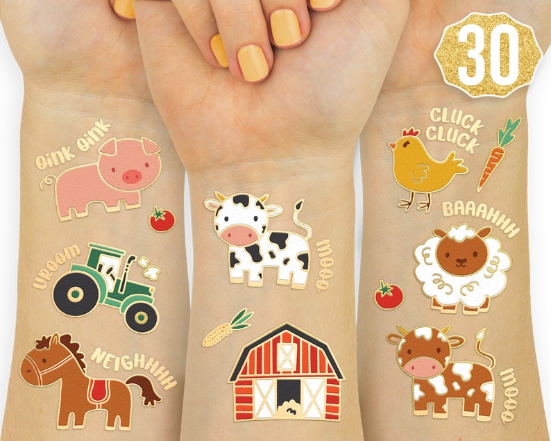 Horse 30 Glitter Styles Tractor Trailer Farm Party Supplies Temporary Tattoos Sheep Cow Petting Zoo Barnyard Animals