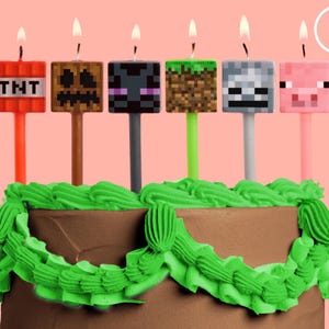 xo, Fetti Pixel Mining Game Candles - Set of 6 | Kids Cake Decorations, Gaming Party Decor, Video Gamer Decor, Dessert Accessory