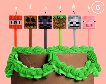 xo, Fetti Pixel Mining Game Candles - Set of 6 | Kids Cake Decorations, Gaming Party Decor, Video Gamer Decor, Dessert Accessory