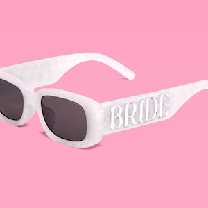 xo, Fetti Bride Sunglasses, White Marble Frame, Silver Logo, Bachelorette Party