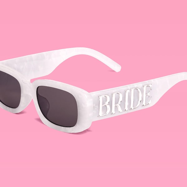 xo, Gafas de sol Fetti Bride, Montura de mármol blanco, Logotipo plateado, Despedida de soltera