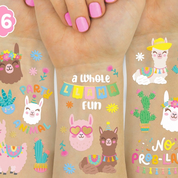 Llama Temporary Tattoos for Kids - 46 Metallic Designs | Fiesta Animal Birthday Party Decorations, Cactus Party Favors Llama Arts and Crafts