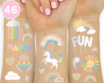 Rainbow Temporary Tattoos - 46 Glitter Styles | Unicorn Birthday Party Supplies, Oh Happy Day Baby Shower, Magical Party Favors, Good Vibes