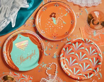 xo, Fetti Life Of A Showgirl Plates - 24 Paper Plates | Bachelorette, Birthday Party, Bridal Shower, Teal, Orange, Glitter