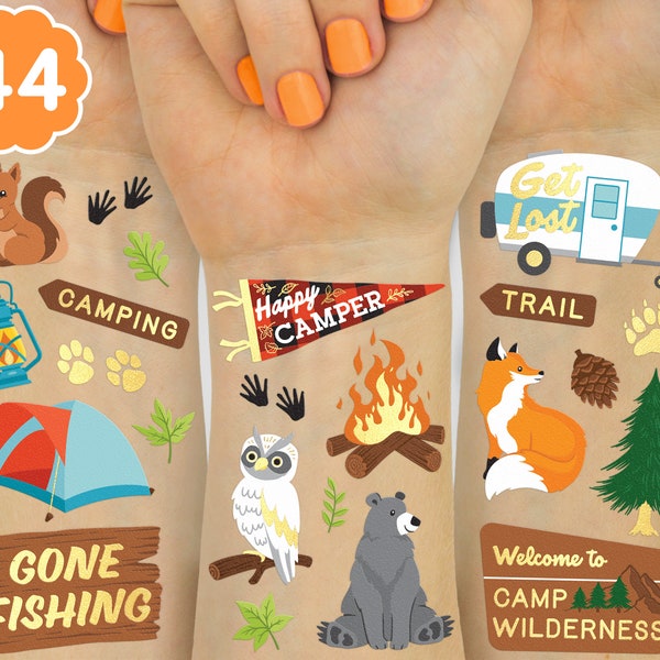 Camping Party Supplies Temporary Tattoos - 44 Metallic Styles | Outdoor Wilderness Birthday, Forest Animals Favors, Gone Fishing Bday,