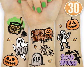 Halloween Decorations Temporary Tattoos - 30 Styles | Happy Halloween Party Sticker, Ghost Supplies Favors, Pumpkins, Spiderwebs