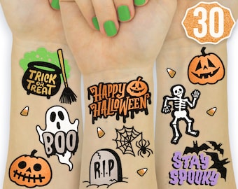 Halloween Decorations Temporary Tattoos - 30 Styles | Happy Halloween Party Sticker, Ghost Supplies Favors, Pumpkins, Spiderwebs