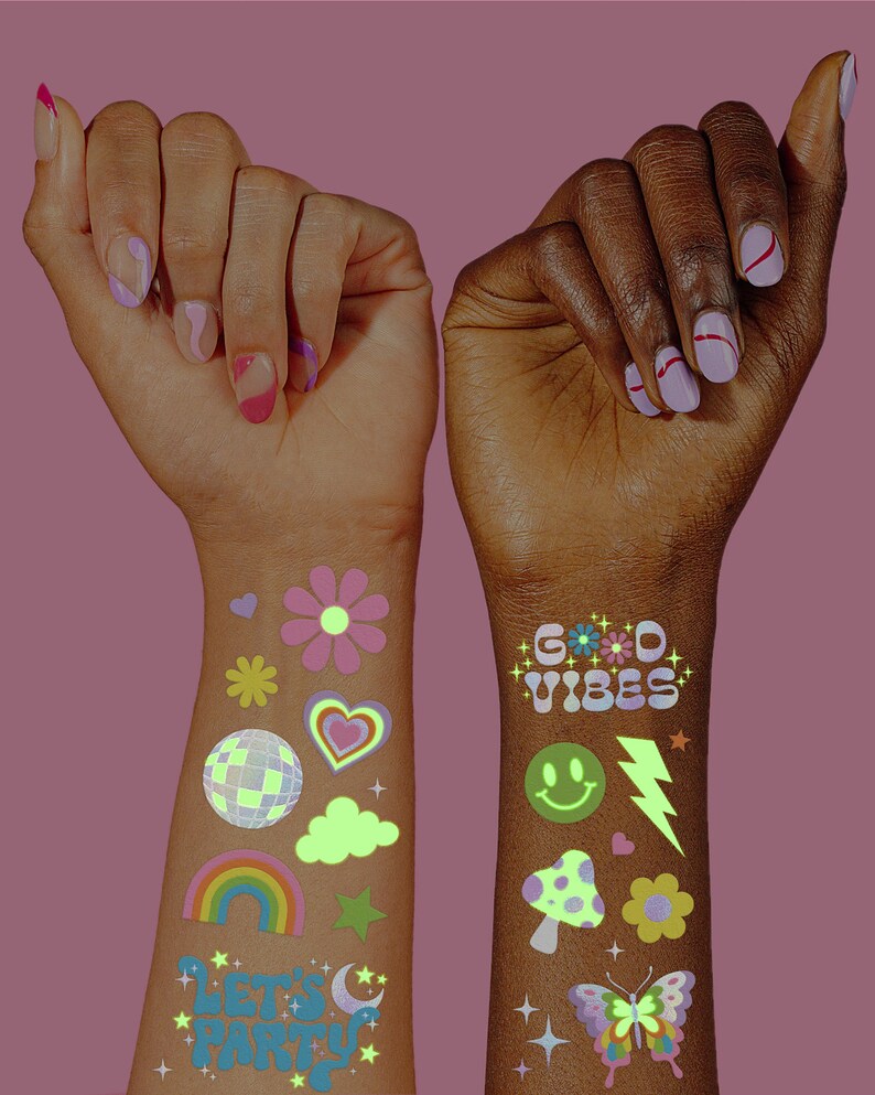 xo, Fetti Groovy Rave Glow in Dark Foil Temporary Tattoos 82 pc Birthday Party Supplies, Rave Bachelorette Party, Smiley Disco, Y2K image 5