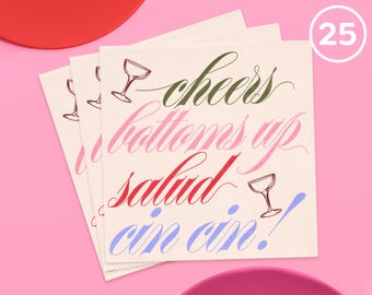xo, Fetti Cheers Cocktail Napkins, 25 Pack | White 5 x 5 Napkins, Cocktail Party, Birthday, Bridal Shower, Bachelorette, Holiday Decor