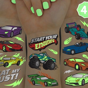 xo, Fetti Cars Glow in Dark Temporary Tattoos for Kids - 42 pcs | Monster Truck Birthday Party Supplies, Race Car Favors Decorations