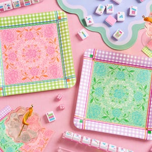 xo, Fetti Mahjong Party Plates - 24 Paper Plates | Garden Party Tea Party, Floral Gingham, Birthday, Easter, Spring Pastel Pink Purple Green