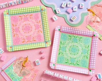 xo, Fetti Mahjong Party Plates - 24 Paper Plates | Garden Party Tea Party, Floral Gingham, Birthday, Easter, Spring Pastel Pink Purple Green