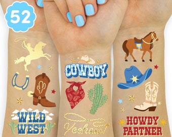 xo, Fetti Cowboy Temporary Tattoos for Kids- 52 Foil Styles | Rodeo,Boys Cowboy Crafts,Birthday Party Favors,Western Baby Shower Decorations