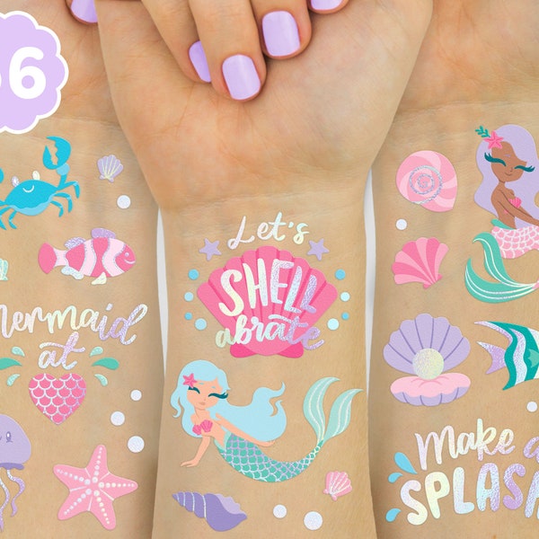 Under The Sea Mermaid Temporary Tattoos - 56 Glitter styles | Birthday Party Supplies, Sea Creatures Favors, Underwater Arts and Crafts