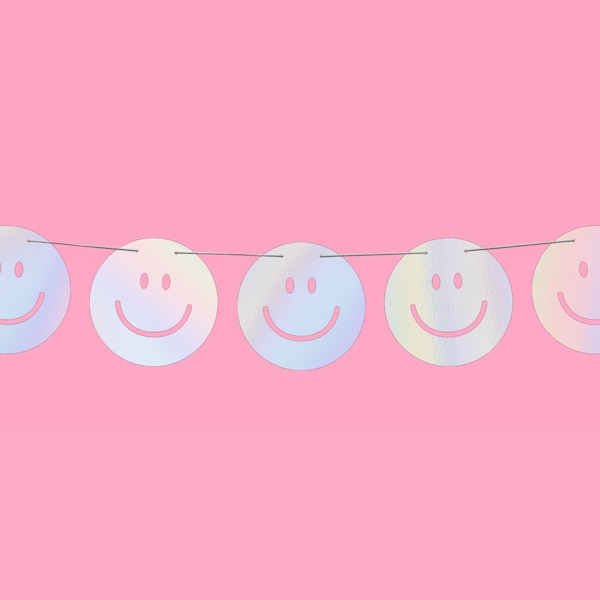 xo, Fetti Smiley Banner - Iridescent, 5 Ft. | Happy Pastel Birthday Party Decorations, Cute Bachelorette Party, Happy Event Decor