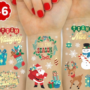 Christmas Temporary Tattoos for Kids - 46 pcs | Team Naughty + Nice, Merry Christmas Party Favors, Stocking Stuffer, Xmas Tree Lights, Santa