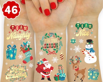 May include: Temporary Christmas tattoos with festive designs. The tattoos include the phrases "Team Naughty" and "Team Nice", along with images of Santa Claus, a snowman, and a reindeer. Other designs include gift boxes, snowflakes, and Christmas ornaments.