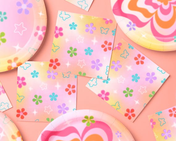 xo, Fetti Groovy Y2K Paper Napkins - 3-ply, 25 pcs | Rainbow Kids Party Decorations, Flower Bachelorette Supplies, Pastel Butterfly Birthday