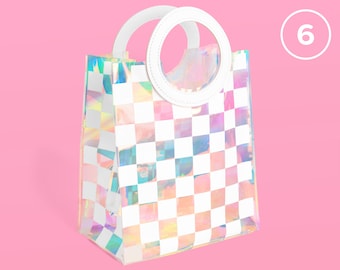 xo, Fetti Clear Iridescent + White Checkered PVC Bag Set - 6 pcs. | Birthday Party Gift Wrap, Bachelorette Bag, Bach Party Favor, Kids Bday
