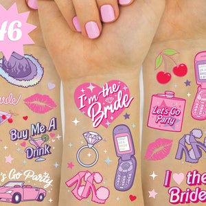 xo, Fetti Pink Bachelorette Temporary Tattoos - 46 Foil Styles | Bachelorette Party Decoration, Bach Party Favor, Girly Y2k, Cute