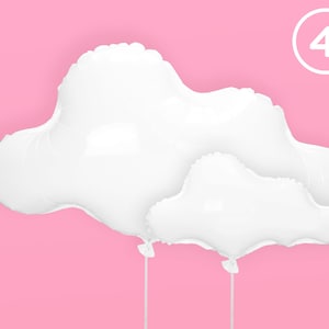 Puede incluir: Dos globos blancos en forma de nube, uno m&aacute;s grande que el otro, sobre un fondo rosa. Los globos est&aacute;n atados juntos con cuerdas.