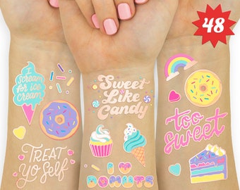 Donut Party Supplies Temporary Tattoos - 48 Glitter Styles | Dessert Birthday, Ice Cream, Cupcake, Candy, Valentine's Day