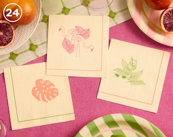 xo, Fetti Beige Tropical Vacation Napkins - 3-ply, 24 pcs | Bachelorette Cocktail Napkins, Palm Tree Dinner Party Setting, Miami Tablescape