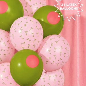 May include: A cluster of latex balloons in shades of pink and green. Some balloons are pink with a martini glass pattern, while others are green with a pink circle. The image includes the text "24 LATEX BALLOONS".
