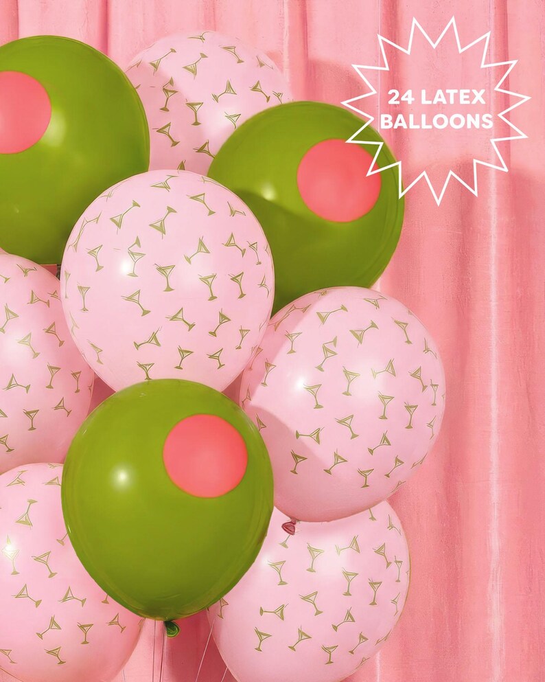 May include: A cluster of latex balloons in shades of pink and green. Some balloons are pink with a martini glass pattern, while others are green with a pink circle. The image includes the text "24 LATEX BALLOONS".