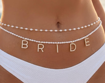 xo, Fetti Bride Pearl Belly Chain | Bachelorette Party, Bridal Shower, Beach Bach, Coastal Theme, Pearl Jewelry, Gold Chain, Bride to Be