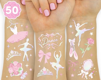 xo, Fetti Ballerina Party Temporary Tattoo - 50 Iridescent Foil | Happy Birthday Princess Decor, Bow Baby Shower, Ballet Dancer + Tutu Favor
