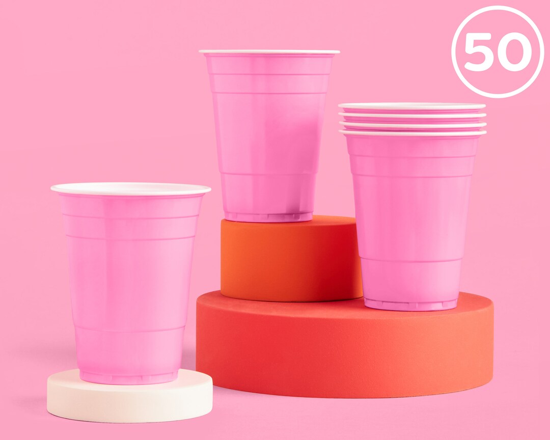 Pink Party Cups, 16 Oz, Plastic Disposable Bulk Party Decorations 50 Matte Pink Cups