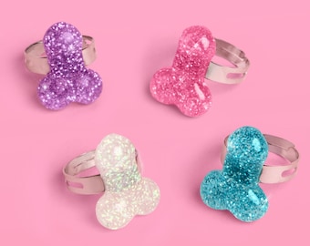 xo, Fetti Bachelorette Plastic Ring Set - 10 Pack | Bach Party Favor, Bride Accessory, Glitter Rings, Bridal Gag Gift