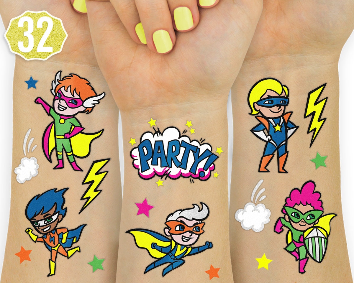 Superhero Temporary Tattoos for Kids 30 Glitter Styles | Etsy UK