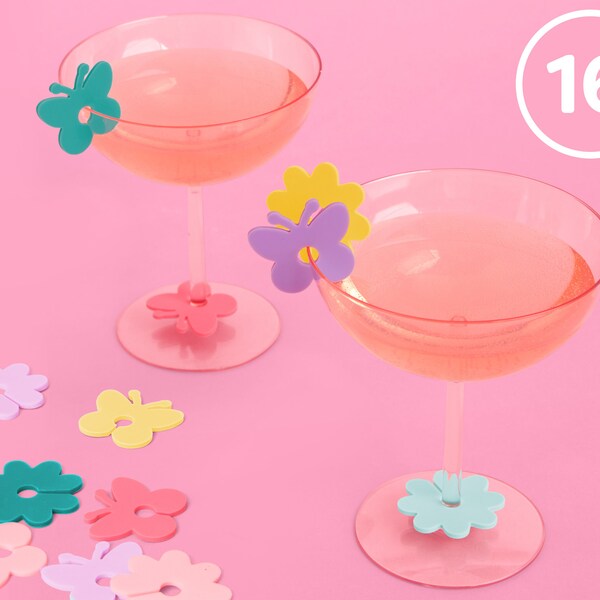 xo, Fetti Butterfly + Flower Drink Markers Set - 16 ct | Pastel Bday Decorations, Bachelorette Party, Bridal + Baby Shower, Groovy, 70s