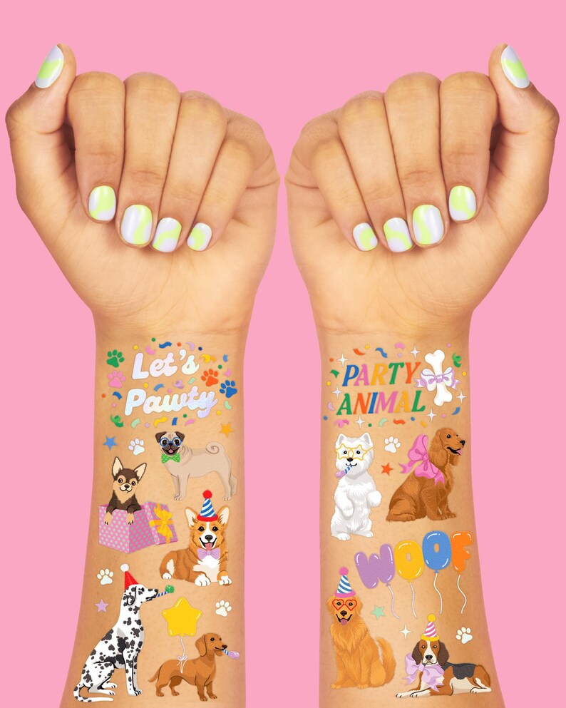 Tatuajes temporales de perros para niños: 42 estilos con brillantina / Artículos para cumpleaños de animales, regalos para fiestas de mascotas, manualidades para niños imagen 3