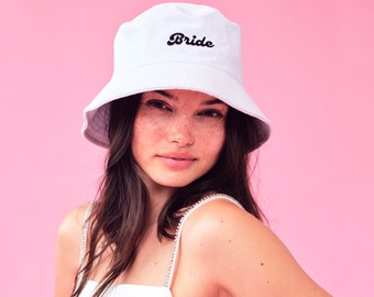 xo, Fetti Bride Bucket Hat - White, Black Embroidered Cotton Sun Hat, Bachelorette Gift, Party Favor, Cool Bach, Bridal Shower, 90s