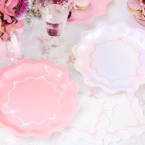 xo, Fetti Pink + Iridescent Wavy Bow Plates - 24 pcs | Bachelorette Decoration, Happy Birthday Party, Baby Shower, Cute Disposable Tableware