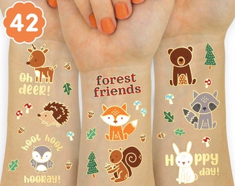 Woodland Animal Temporary Tattoos - 42 Glitter Styles | Forest Friends Birthday Party Supplies, Deer Baby Shower, Bear Favors, Fox, Owl