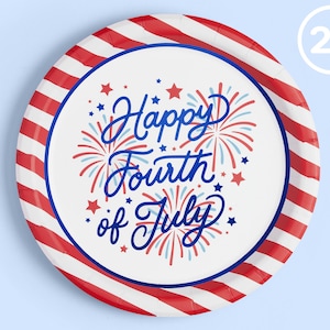 May include: Red and white striped paper plates with a blue and red "Happy Fourth of July" design featuring fireworks. Pack of 25.