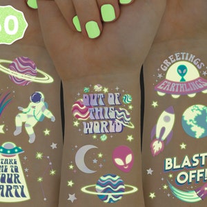 xo, Fetti Space + Planets Glow in Dark Temporary Tattoos for Kids - 46 pcs | Alien Birthday Party Supplies, Astronaut + Rocket Ship Favors