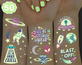 xo, Fetti Space + Planets Glow in Dark Temporary Tattoos for Kids - 46 pcs | Alien Birthday Party Supplies, Astronaut + Rocket Ship Favors