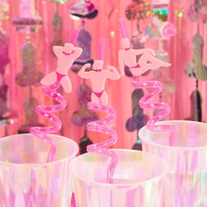 xo, Fetti Bachelorette Party Pink Reusable Straw Set - 12 pc | Male Dancer Stripper Bach Party Decoration, Bridal Shower Supplies,