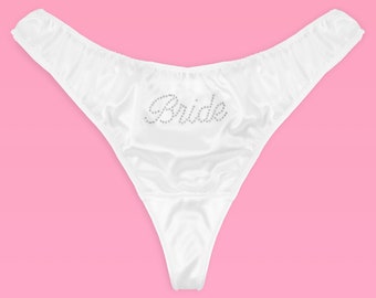 xo, Fetti Bachelorette Party Ivory Satin Rhinestone Bride Thong, S/M/L | Bachelorette Party Decorations Underwear, Favor, Gag Gift,Y2K Bride