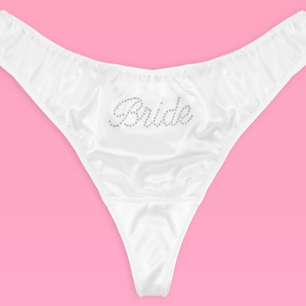 xo, Fetti Bachelorette Party Ivory Satin Rhinestone Bride Thong, S/M/L | Bachelorette Party Decorations Underwear, Favor, Gag Gift,Y2K Bride