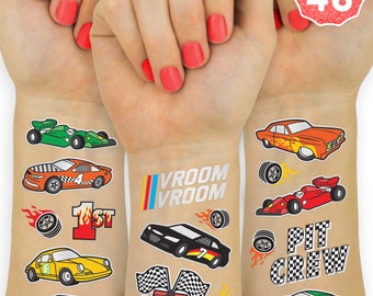 Race Car Party Supplies Temporary Tattoos - 46 Glitter Styles | Racecar Birthday, Pit Crew, Checkered Flags, Vroom, Wheels Brand: xo, Fetti