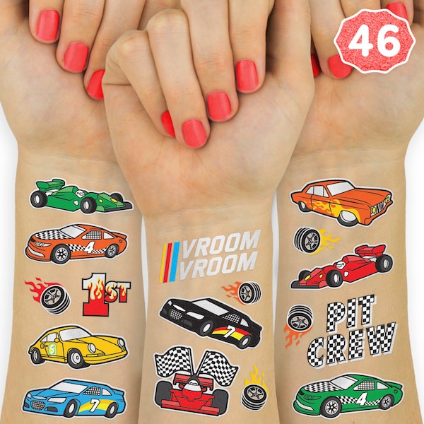 Race Car Party Supplies Temporary Tattoos - 46 Glitter Styles | Racecar Birthday, Pit Crew, Checkered Flags, Vroom, Wheels Brand: xo, Fetti