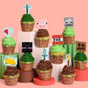 xo, Fetti Pixel Mining Game Cupcake Toppers + Wrappers - Set of 30 | Kids Cake Decoration, Gamer Party Decor, Video Gaming Dessert Accessory