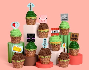 xo, Fetti Pixel Mining Game - Adornos y envoltorios para cupcakes (juego de 30 unidades) / Decoración para tartas infantiles, decoración para fiestas de gamers, accesorio de postre para videojuegos